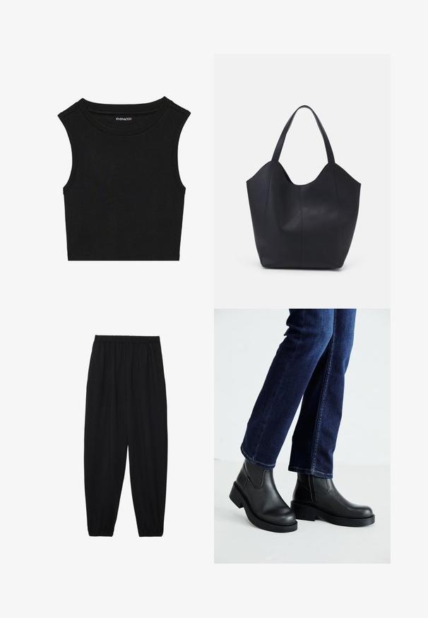 Top cropped preto sem mangas com textura canelada. Apresenta um decote redondo e costuras largas nos ombros. Feito de um tecido elástico.; Calças pretas, leves, com um cinto elástico e punhos franzidos. O tecido é suave e apresenta um design relaxado e afunilado.; Botas de tornozelo de couro preto com sola grossa e painéis elásticos laterais, combinadas com jeans azul escuro. O chão é de cor clara.; Saco tote preto feito de couro liso, apresentando um topo aberto curvo com duas alças de ombro e um design minimalista.