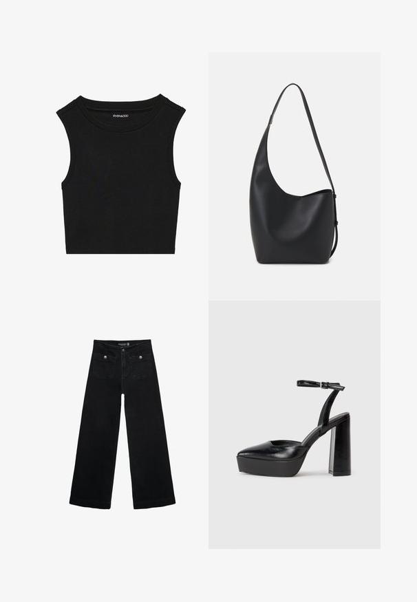 Schwarzes ärmelloses Crop-Top mit gerippter Textur. Es hat einen runden Ausschnitt und breite Schulternaht. Hergestellt aus einem dehnbaren Stoff.; Schwarze, weit geschnittene Jeans mit hoher Taille, die zwei Fronttaschen und metallene Knopfakzente aufweist. Der Stoff hat eine glatte Textur.; Schwarze Plateau-High Heels mit spitzem Zeh und verstellbarem Knöchelriemen. Gefertigt aus glattem Leder und mit einem klobigen Blockabsatz.; Schwarze Leder-Hobo-Tasche mit einer glatten Textur, geschwungener Form und einem einzelnen verstellbaren Tragegurt; verfügt über eine weite Öffnung am oberen Ende.