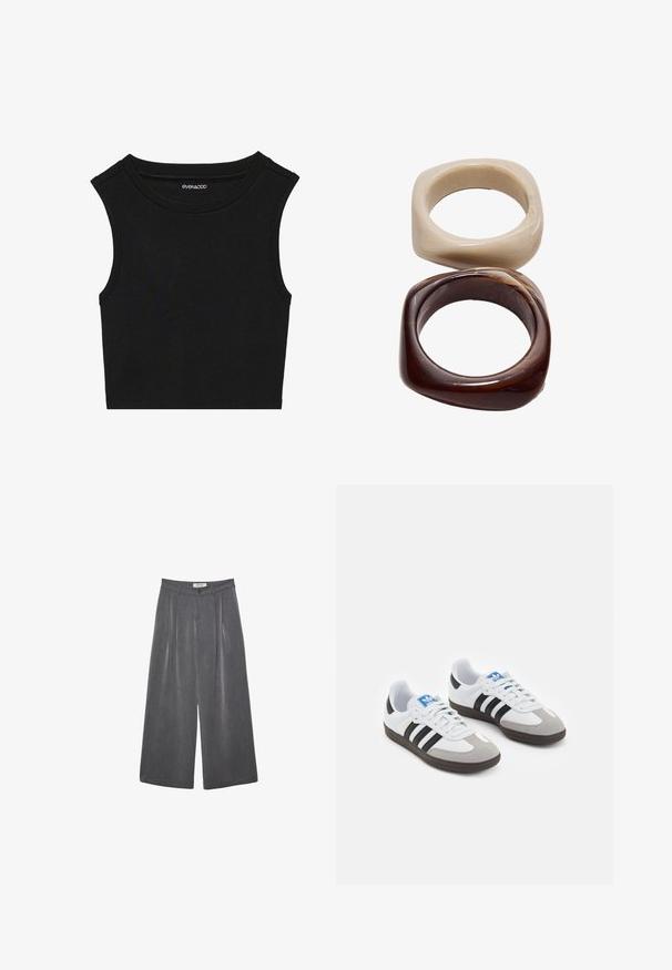 Schwarzes ärmelloses Crop-Top mit gerippter Textur. Es hat einen runden Ausschnitt und breite Schulternaht. Hergestellt aus einem dehnbaren Stoff.; Faltenhose mit weitem Bein aus einem dunkelgrauen Stoff mit subtiler Textur. Verfügt über einen Knopfverschluss und ein klassisches Design des Bunds.; Sportschuhe mit einem Obermaterial aus weißem Leder, grauer Wildleder-Zehenkappe und drei schwarzen Streifen. Sie verfügen über ein blaues Logo auf der Zunge und eine strukturierte Gummisohle.; Stradivarius SET - Armband - dark brown