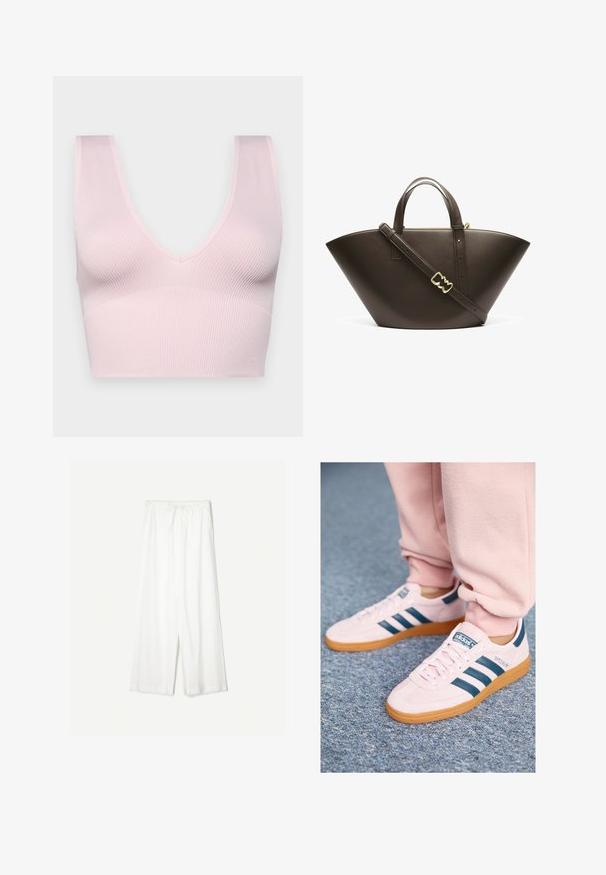 Pink ribbed bra with a V-neck design and wide straps. Made from soft, stretchy material; seamless construction for comfort.; White wide-leg pants with a drawstring waist, shown against a plain background, emphasizing their relaxed style and fabric texture.; Light pink suede sneakers with dark blue leather stripes and a gum sole. Features include flat laces and branding on the side and tongue.; Brown leather tote bag with a unique angular shape. Features dual handles and a detachable shoulder strap, accented with gold hardware.