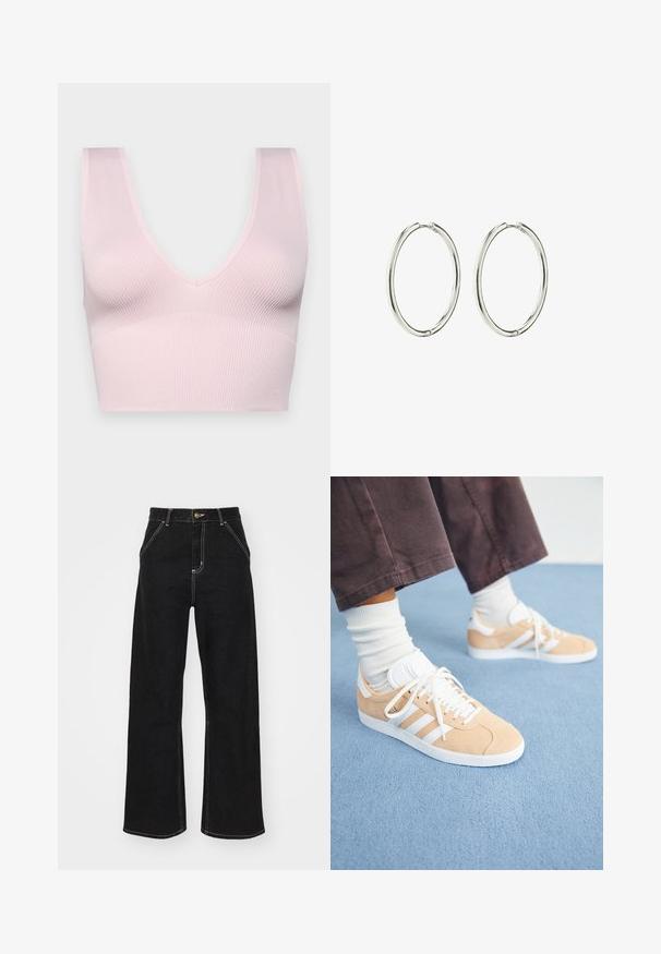 Rozā ribota krūšturis ar V veida kakla izgriezumu un platām siksnām. Izgatavots no mīksta, elastīga materiāla; bezšuvju konstrukcija ērtībai.; Melnas platajās biksēs, kas izgatavotas no denima, ar kontrastējošas baltas šuves un priekšējo pogu aizdari, kā arī divām slīpajām priekšējām kabatām.; Beidzas zamšādas kedas ar baltām akcentiem, ar trim svītrām, apaļu purngalu un reljefu zoli; kopā ar baltām sporta zeķēm.; Sudraba riņķveida auskari ar gludu, pulētu apdari. Apaļas formas, viegla konstrukcija, ar drošu aizdari.