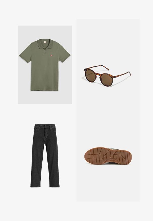 Olivově zelené polo tričko vyrobené z bavlny, s klasickým límečkem, zapínáním na tři knoflíky, krátkými rukávy a malým červeným logem na hrudi.; Černé džíny s rovnými nohavicemi, s zipem na přední části, poutky na pásek a šesti kapsami, vyrobené z odolné bavlněné směsi.; Černé tenisky Levi's s gumovou podrážkou, která má texturovaný vzor a hnědo-červenou podrážku, označenou názvem značky.; Kulaté sluneční brýle s želvovinovým rámem a hnědými čočkami. Jsou vybaveny tenkými stranami s jemnou texturou a kovovými doplňky blízko čoček.