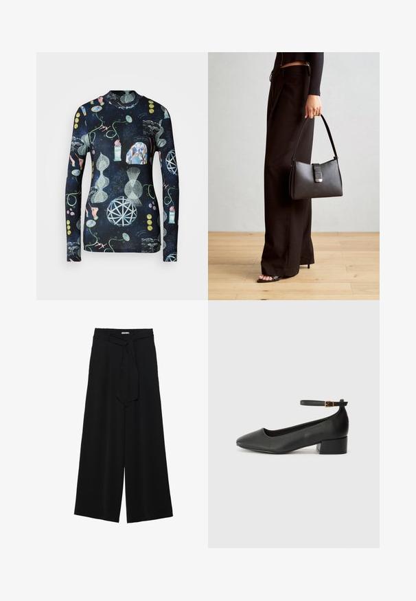 Langermet skjorte med mørk bakgrunn, med abstrakte mønstre i flere farger, inkludert geometriske former, hender og botaniske elementer.; Svart vide bukser med teksturert stoff, elastisk midje og avtagbart belte som gir justerbar passform.; Sorte skinnpumper med spiss tå og lav blokkhelt. Har ankelrem med gullfarget spenne. Glatt tekstur.; Svart håndveske med strukturert form, jevn tekstur og metallisk lås. Kombinert med brede svarte bukser og sandaler med åpen tå på tregulv.