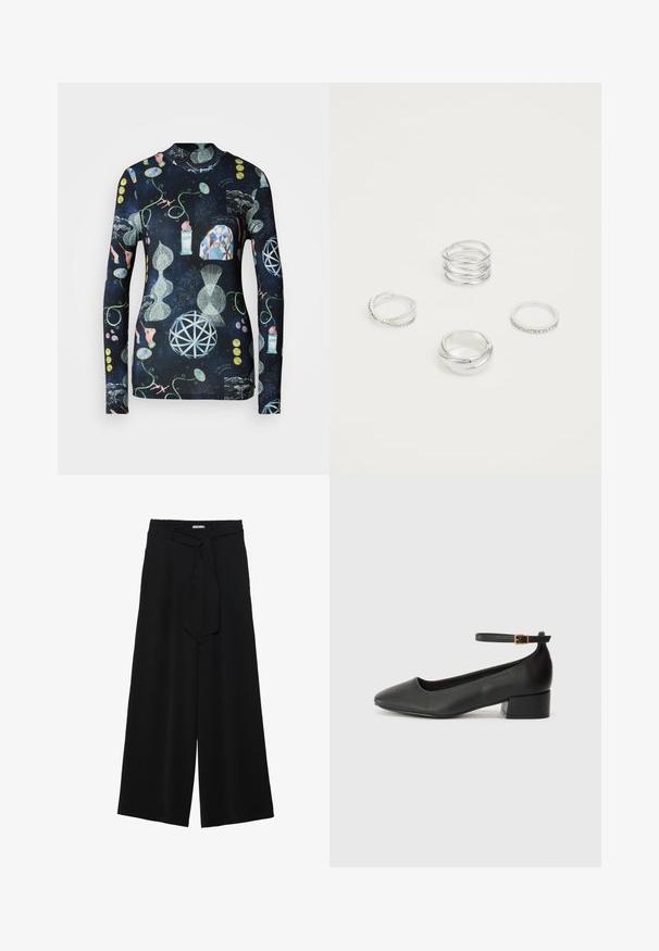 Duge rukave košulja s tamnom pozadinom, koja sadrži apstraktne uzorke u više boja, uključujući geometrijske oblike, ruke i botaničke elemente.; Crne široke hlače od teksturirane tkanine, s elastičnom pojasom i odvojivim remenom na struku za prilagodivo pristajanje.; Crne kožne pumpe s oštrim vrhom i niskom blok petom. Sadrže remen oko gležnja s zlatnim kopčanjem. Glatka tekstura.; Četiri srebrna prstena s različitim dizajnima: uvijena traka, slojevite krivulje, delikatni kristali i glatka traka s malim akcentima.