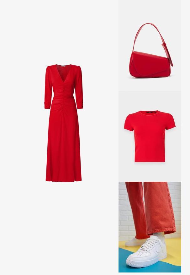 T-shirt corto a maniche corte rosso a coste con scollatura rotonda e vestibilità standard. Texture liscia senza motivi o decorazioni visibili.; Vestito rosso con scollatura a V, maniche a tre quarti e dettagli arricciati in vita e sul retro. Il tessuto appare liscio e leggero.; Sneaker bianco in pelle con punta perforata, suola testurizzata e lacci bianchi, abbinati a pantaloni rossi larghi e uno sfondo blu e giallo.; Borsa a tracolla in pelle rossa con un design angolare e geometrico. Presenta una singola tracolla regolabile e una chiusura a patta con dettagli cuciti.