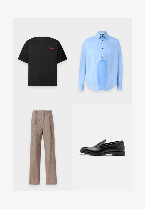 Musta lühikeste varrukatega T-särk, mille vasakul rinnal on punane "Lee Benjamin" teksti logo, ühtlane taust.; Heledsinine pikkade varrukatega särk, millel on terav krae, mustad nupud ja ainulaadne lõige ees eristuva disaini jaoks.; Prunnid, kõrge vöökohaga püksid, mis on valmistatud tekstureeritud kangast. Omavad laiu jalgu ja kahte eesmist voldikut struktuuri jaoks. Korralik viimistlus, ilma nähtava riistvarata.; Mustad mustad nahast loafers sileda tekstuuriga, ümarat ninaosa ja dekoratiivne riba vampi üle. Madal kihiline konts, minimalistlik disain.