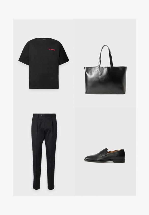 Svart T-skjorte med korte ermer og rød "Lee Benjamin" tekstlogo på øvre venstre bryst, med ensfarget bakgrunn.; Sorte bukser laget av et glatt stoff, med en fold foran, knappelukking, og oppbrettede mansjetter ved ankelen.; Svart skinnloafer med rund tå, subtilt sydd detaljering og lav hæl, med en glatt tekstur og minimalistisk design.; Svart, glatt skinn tote bag med to skulderstropper, rektangulær form og subtil sømdetalj på hvit bakgrunn.