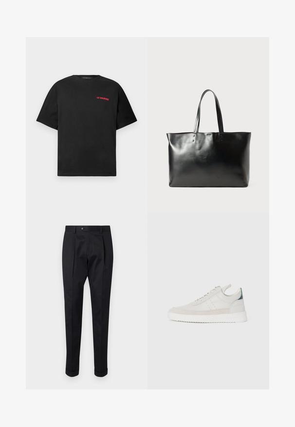 Svart T-skjorte med korte ermer og rød "Lee Benjamin" tekstlogo på øvre venstre bryst, med ensfarget bakgrunn.; Sorte bukser laget av et glatt stoff, med en fold foran, knappelukking, og oppbrettede mansjetter ved ankelen.; Hvite lær sneakers med grå semsket skinndetaljer, snøring, bånd for å dra opp, og en teksturert gummisåle med en sikksakk-mønster.; Svart, glatt skinn tote bag med to skulderstropper, rektangulær form og subtil sømdetalj på hvit bakgrunn.