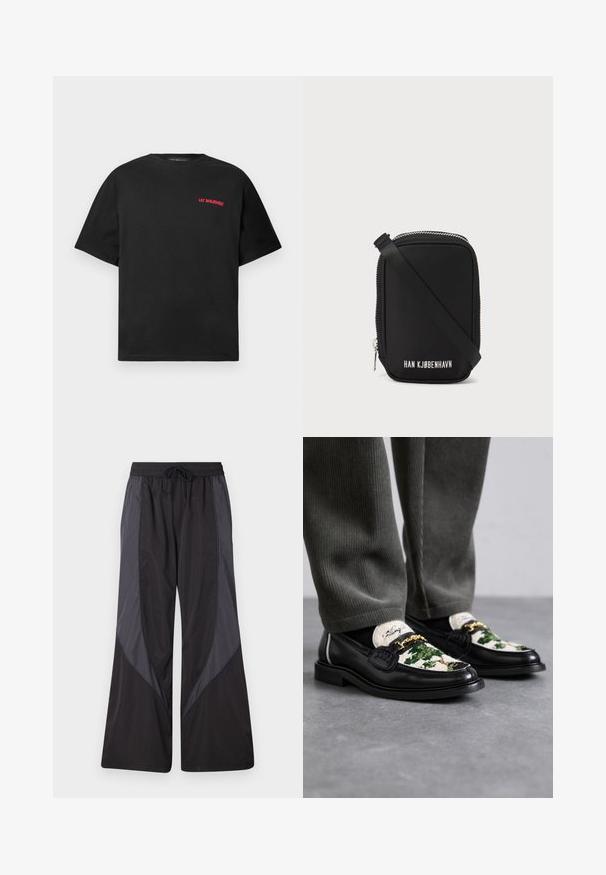 Črna majica s kratkimi rokavi z rdečim logotipom "Lee Benjamin" na zgornjem levem delu prsnega koša, enobarvna ozadje.; Han Kjøbenhavn PANELLED TRACK TROUSERS - Spodnji deli trenirk - anthracite black; Črne usnjene mokasine z dekorativnim zgornjim delom iz zelene in bele tekstilne tkanine. Ponuja zlat naglas v obliki verige in teksturiran črn podplat.; Črna torba pravokotne oblike, izdelana iz gladkega materiala. Ima zgornji zadrgo, nastavljiv trak in belo besedilo: "HAN KJØBENHAVN."
