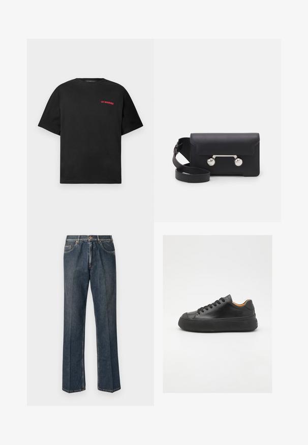 T-Shirt preto de manga curta com o logo em texto vermelho "Lee Benjamin" no canto superior esquerdo do peito, fundo simples.; Jeans de ganga de perna reta azul escuro com botão à frente, fecho de correr, dois bolsos frontais e vinco vertical visível ao longo das pernas.; Sapatilha de couro preta com bico redondo, frente com atacadores, superfície lisa, sola de borracha grossa e interior em tom contrastante de castanho.; Saco transversal em pele preta com fecho de aba, ferragens em tom prateado e dois acentos redondos. Apresenta uma alça destacável. Textura suave.