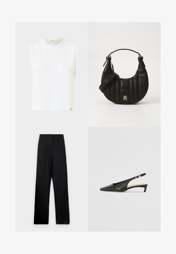 Bílý bezrukávový pletený top s kulatým výstřihem, žebrovaným lemem a detaily bočního prošití; zdobí ho malá značková etiketa na spodním lemu.; Černé široké kalhoty vyrobené z lehké látky. Mají hladkou texturu, vysoký pas a minimální švy.; Černý kožený slingback s jehlovým podpatkem a špičatou špičkou, nízkým podpatkem a nastavitelným kotníkovým popruhem se zlatým přezkou. Hladký povrch.; Černá kožená kabelka s zakřiveným tvarem, prošívanou texturou a zlatými detaily. Obsahuje odnímatelný ramenní popruh a detail s logem.