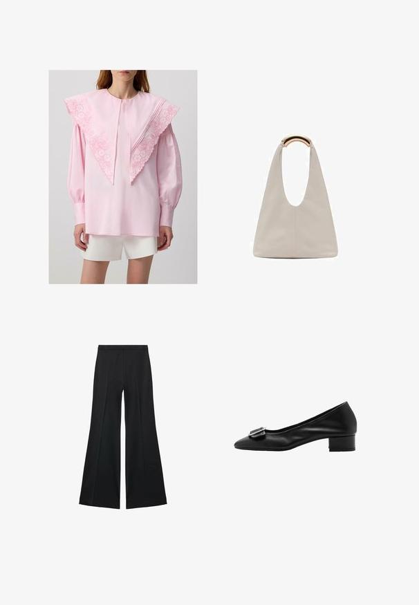 Roze blouse met een grote, geborduurde kraag met bloemmotieven, lange mouwen en geplooide manchetten, gecombineerd met witte shorts.; Zwarte wijde-pijpen broek met een gladde textuur, gekenmerkt door voorplooien en een op maat gemaakte uitstraling. De stof is lichtgewicht en vloeiend.; Zwarte leren pump met een spitse neus, een kleine blokhak en decoratieve gespdetails op de wreef. Soepele textuur en eenvoudig ontwerp.; Lichtgrijze leren tas met een U-vormig ontwerp en een gebogen metalen handvat. Glad oppervlak met minimale stiksels en geen zichtbare patronen.