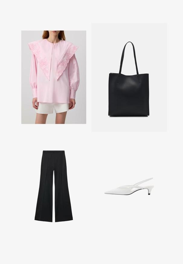 Bluză roz cu un guler mare brodat, cu modele florale, mâneci lungi și mansete strânse, asortată cu pantaloni scurți albi.; Pantaloni negri cu croială largă, având o textură netedă, cu pliseuri frontale și un design croit. Materialul este ușor și fluid.; Sandale albe cu toc slingback și vârf ascuțit, având un upper neted, decupaje subtile și un toc bloc mic. Talpa neagră accentuează designul.; Geantă tote neagră din piele, cu textură netedă, formă rectangulară și două mânere lungi. Fără hardware vizibil sau ornamente.