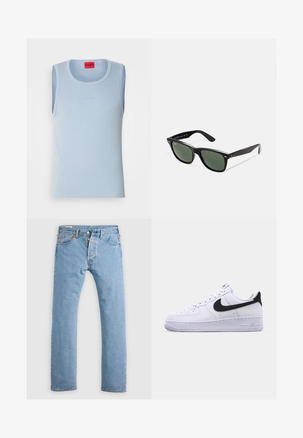 Light blue sleeveless tank top with a ribbed texture, featuring a round neckline and a small embossed logo, with a red brand label at the neck.; Light blue straight-leg denim jeans with button fly, belt loops, and front and back pockets, displayed on a white background.; White leather sneaker with a textured black Swoosh, flat laces, and a rubber sole featuring a ridged pattern. "AIR" is embossed on the heel.; Black plastic sunglasses with green lenses, square frames, silver accent on the brow, and textured temple arms. Stated brand on inner arm.