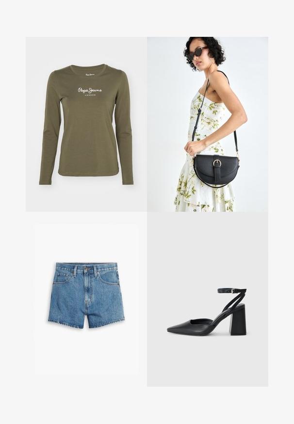 Olíva zöld, hosszú ujjú ing, puha anyagból készült, kerek nyakkal és elöl fehér "Pepe Jeans London" logóval.; Világoskék farmer rövidnadrág, öt zsebbel, cipzáros megoldással és gombos záródással. A szegélyt megkoptatták, és laza szabású dizájn jellemzi.; Fekete bőr, hegyes orrú magassarkú cipő boka pánttal és vastag sarokkal. Sima textúra, elegáns dizájn és minimális esztétika.; Fekete bőrtáska ívelt formával, levehető pánttal és arany színű fémrészekkel. A táskán egy csattal díszített fedél található.