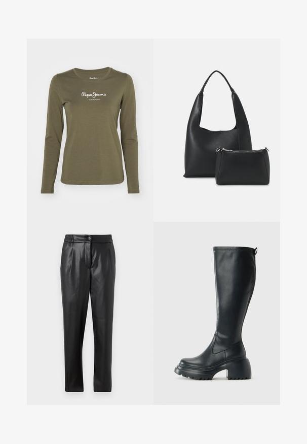 Alyvuogių žalios spalvos ilgomis rankovėmis marškiniai, pagaminti iš minkštos medžiagos, su apvaliu kaklu ir baltu "Pepe Jeans London" logotipu, spausdintu ant priekinės pusės.; Juodos odinės kelnės su lygiu paviršiumi, tiesiu siluetu, elastinga juosta ir priekyje uždaroma mygtuku; raukiniai ir siaurėjantys kelnių šlaunys.; Ilgas juodos odinės batai su masyvi platforma ir stačiakampiu kulnu, turintys traukimo kilpą ir tekstūruotą pado raštą.; Even&Odd Rankinė - black