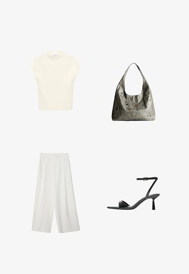 Top a maniche corte, di un color crema chiaro con collo rotondo, realizzato in tessuto morbido. Presenta una vestibilità comoda e una consistenza liscia, adatto per essere indossato a strati.; Pantaloni bianchi a gamba larga e cropped con una texture liscia, caratterizzati da una parte anteriore piatta e senza chiusure o tasche visibili.; Bershka Sandali con tacco - black; Borsa a tracolla in pelle verde oliva con un design morbido, caratterizzata da tagli circolari di diverse dimensioni e dettagli in tonalità più scure e più chiare.