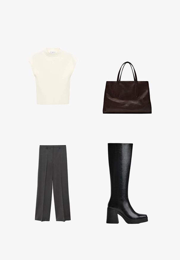 Krótki rękaw, jasnobeżowa bluzka z okrągłym dekoltem, wykonana z miękkiego materiału. Charakteryzuje się luźnym krojem i gładką fakturą, idealna do noszenia w warstwach.; Szare spodnie szerokie w nogawkach o gładkiej fakturze, z plisowanym przodem i szlufkami na pasek. Wykonane z lekkiego, tkane materiału.; Czarne, sięgające kolan botki wykonane z teksturowanego materiału syntetycznego, z kwadratowym noskiem, masywnym, wysokim obcasem oraz gładką, elegancką powierzchnią.; Massimo Dutti - Torebka