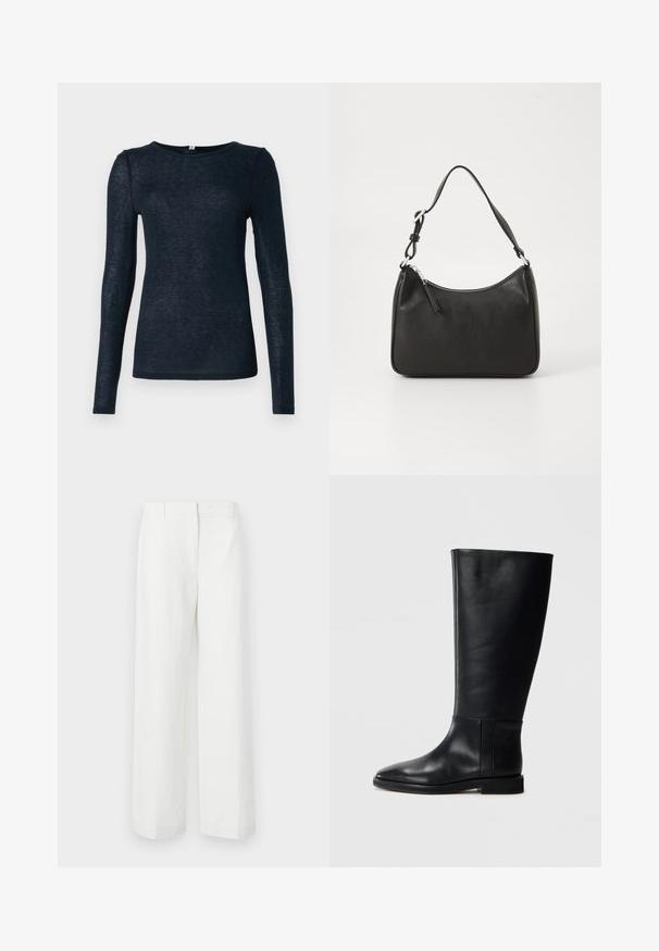 Ilgų rankovių viršus tamsiai mėlynos spalvos, pagamintas iš lengvo, šiek tiek tekstūruoto audinio, su apvalia kaklo iškirpte ir prigludusia forma.; Balti pločio kelnės su glotnia tekstūra, su lygia priekiu ir presuotomis raukšlėmis. Pagamintos iš lengvo audinio, be matomų raštų.; Juodos odinės kelio ilgio boot'ai su apvaliu pirštu, lygia tekstūra, minimalistiniu dizainu ir plokščiu padu. Paprasti siuvinėjimo detalės ant šonu.; Juoda odinė rankinė su išlenkta forma, viena dirželiu, užtrauktuko uždarymu ir subtiliu ženklinimu priekyje. Lygus paviršius, minimalistinis dizainas.