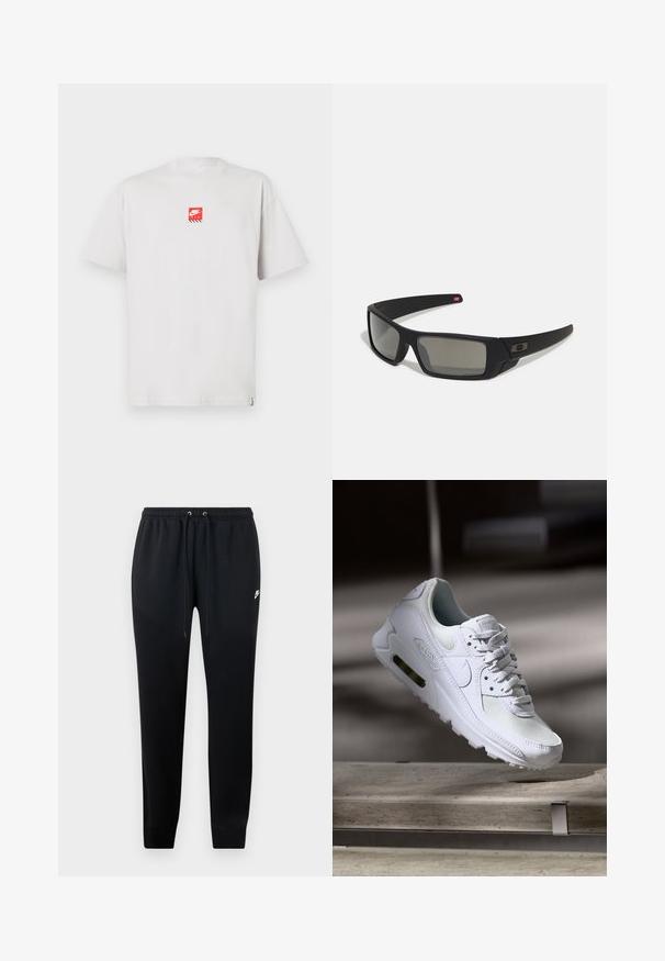 Balta medvilnė marškinėliai su apvalia iškirpte, ant krūtinės yra raudonas Nike Air logotipas ir subtilus šoninis etiketė. Trumpi rankovės, laisvas stilius.; Juodos sportinės kelnės, pagamintos iš minkštos medžiagos, su elastingu juosmeniu ir raišteliais, aptemptomis kulkšnėmis ir nedideliu logotipo akcentu šone.; Baltos Nike Air Max 90 sportbačiai su.comi ir odos viršumi, perforuota pirštų dėžute ir matomu oro pagalvėle kulne.; Juodi akiniai saulės su matinio paviršiaus užbaigimu, stačiakampiai lęšiai, švelnus lenkimas ant šventyklų, subtilus logotipo detalizavimas ir dūminiai lęšiai.