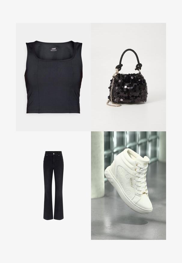 Mustapohja urheilu crop-top, joka on valmistettu sileästä kankaasta, sisältää pyöreän kaula-aukon, hihattoman muotoilun ja hienovaraisia ompelutarkkuuksia.; Mustat farkut, joissa on leveät lahkeet, korkea vyötärö, viisi taskua ja metalliset napit sivuilla. Sileä pinta ja klassinen istuvuus.; Valkoiset korkeavartiset tennarit, valmistettu sileästä synteettisestä nahasta, joissa on kohokirjaillut logot, kultaiset varusteet ja valkoiset nauhat. Rakennepohja.; Mustan paljetti-minilaukku, jossa on solmittu teksturoidu hihna ja hopeaketju. Pyöreä muoto, joissa on rypistetty yläosa ja heijastava yksityiskohta.