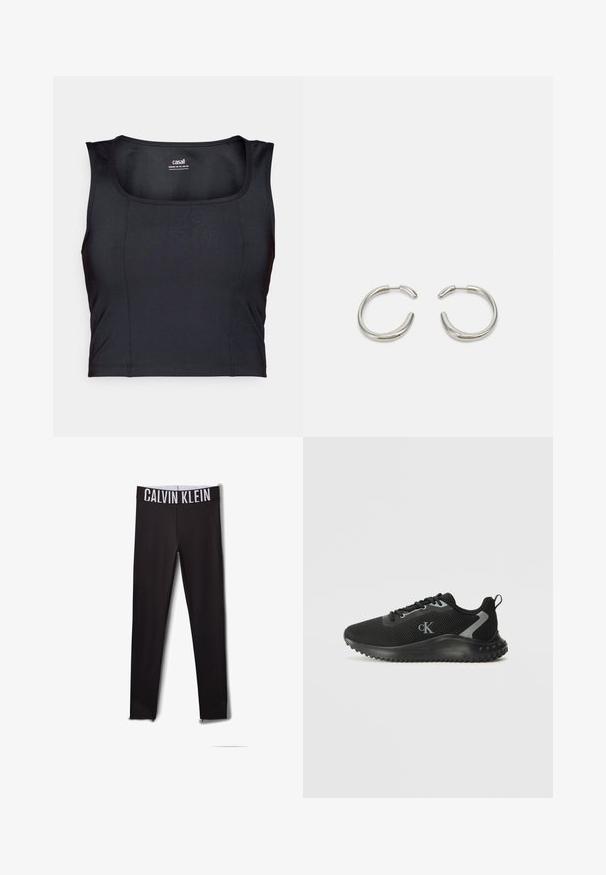 Schwarzes sportliches Cropped-Top, aus glattem Stoff gefertigt, mit runder Ausschnittform, ärmellosem Design und dezenten Steppdetails.; Schwarze Leggings mit einem weißen "CALVIN KLEIN"-Logo am Bund. Glattes Material, figurbetontes Design, mit Mesh-Akzenten an den Knöcheln.; Schwarzer, niedrig geschnittener Sportschuh mit atmungsaktivem Mesh, Schnürdesign, strukturiertem Profil und "cK"-Logo an der Seite.; Silberne Creolen mit einem glatten, abgerundeten Design und einem eleganten, polierten Finish. Sie zeichnen sich durch eine minimalistische Form mit einer leichten Öffnung aus.