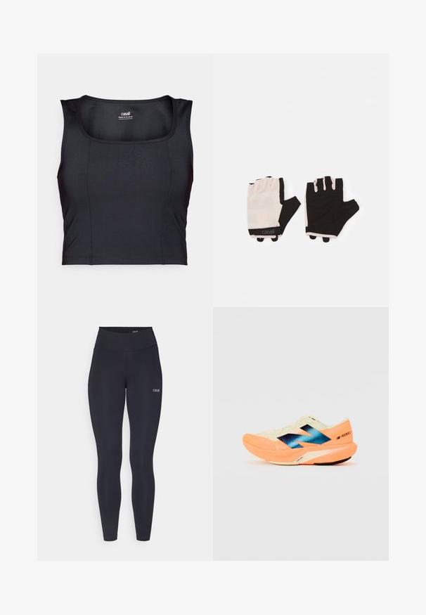 Zwarte sportieve crop top, gemaakt van gladde stof, heeft een ronde halslijn, mouwloos ontwerp en subtiele stiksels.; Zwarte leggings met een hoge tailleband, gemaakt van rekbaar stof, met een klein wit logo op de dij en een gladde textuur.; Hardloopschoen met een lichtgewicht crèmekleurige bovenkant, blauwe branding en oranje accenten op de zool. Mesh textuur voor ademend vermogen.; Fitnesshandschoenen met een lichtroze en zwart ontwerp, gemaakt van ademend materiaal, met een verstelbare polsband en textuuraccenten voor extra grip.
