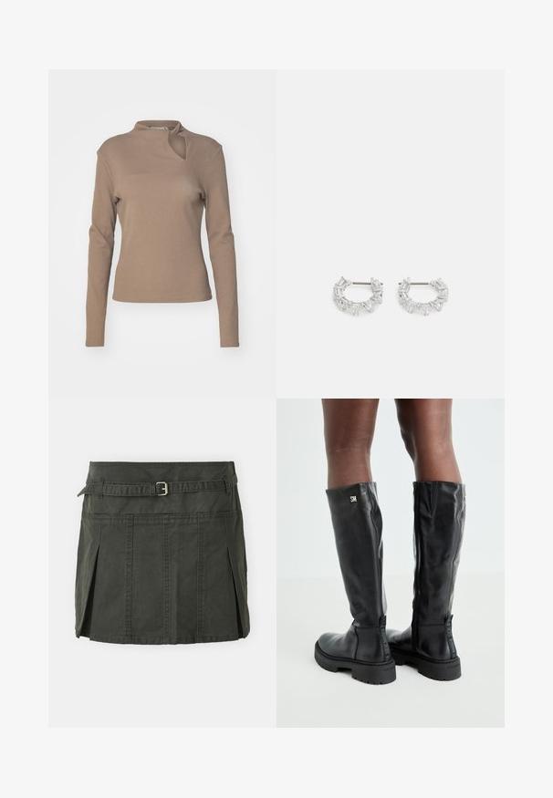 Gestuz DREW KNOT - Long sleeved top - shitake; Dark green, cotton mini skirt with a fitted waist, a belt, and front pleats. Features stitching details and a classic cut.; Black knee-high leather boots with a smooth texture, rounded toe, chunky sole, and zipper closure. Features silver logo on the side.; Silver hoop earrings featuring rectangular and triangular clear crystals arranged in a circular pattern with a central post for fastening.