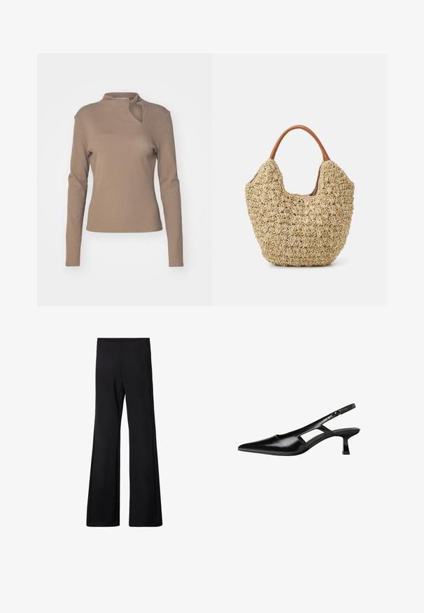 Gestuz DREW KNOT - Long sleeved top - shitake; Black flared pants with an elastic waistband, made from a soft, stretchy fabric, featuring a smooth texture and no visible patterns or hardware.; Black patent leather slingback heels with a pointed toe, cut-out side design, and a small square heel. Smooth texture with minimal accents.; Woven straw tote bag with a natural texture and a soft, organic shape, featuring brown leather handles for easy carrying.