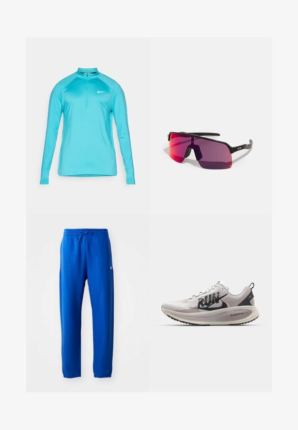 Haut de sport à manches longues Nike turquoise vif avec zip quart et logo swoosh blanc sur la poitrine, présenté sur un fond uni.; Pantalon de sport bleu en tissu doux, doté d'une taille élastique avec cordon de serrage, de jambes fuselées et d'un petit logo sur le côté.; Nike Performance VOMERO 18 RUN - Chaussures de running sur route - summit white/black/college grey/vast grey/sequoia/sail; Lunettes de sport noires avec des verres dégradés de rose à violet et un design géométrique élégant. Comprend un nez ajustable et un accent de logo sur la branche.