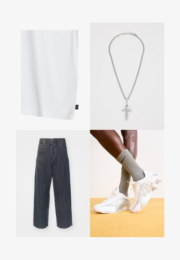 White cotton t-shirt with a smooth texture, relaxed fit, and a small black fabric tag on the lower side seam. No visible patterns.; Short-sleeve button-up shirt in a black and gray plaid pattern. Features a pointed collar and front button closure with black buttons.; Wide-leg dark blue denim jeans with subtle distressed texture, five pockets, and a classic button and zipper closure at the waist.; Nike sneakers in white with silver accents, featuring textured panels and perforations. Paired with gray ribbed socks, set against a yellow background.; Silver chain necklace featuring a large, ornate cross pendant with sharp accents and a polished finish. The chain is thick and flat.