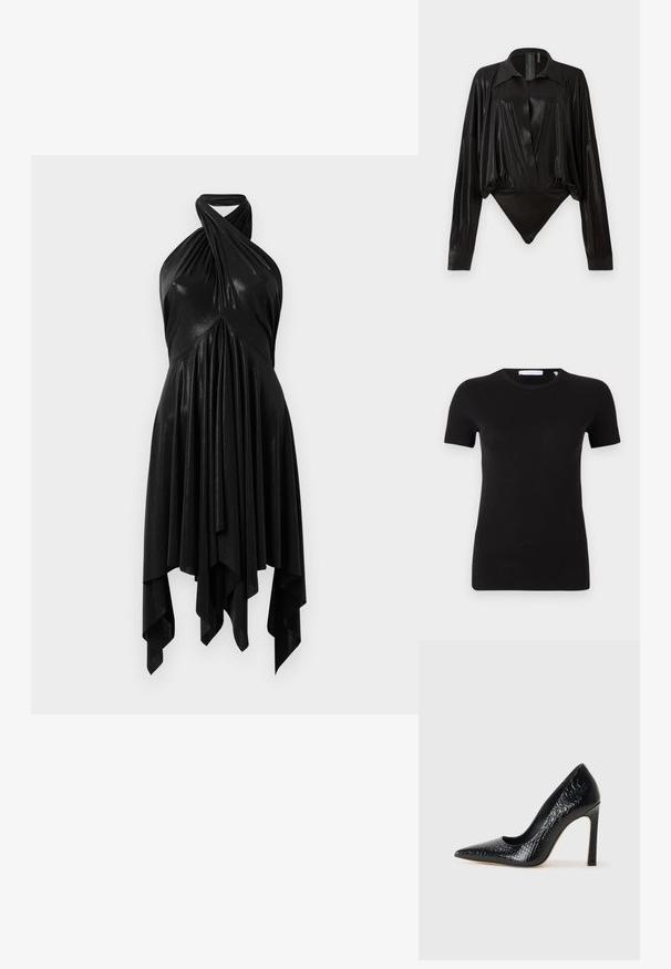 Crna majica kratkih rukava izrađena od mekog, rastezljivog materijala. Ima okrugli izrez i minimalistički dizajn bez vidljivih uzoraka ili grafika.; Crni bodi s dugim rukavima, V-izrezom i prilagođenim siluetom. Izrađen od sjajnog, glatkog materijala s strukturiranim ovratnikom i manžetama.; Crna haljina na bretelama s drapiranim dizajnom. Izrađena od sjajnog materijala, s uvijenim dekolteom i asimetričnom suknjom. Glatka tekstura.; Crne visoke potpetice s oštrim prstima, od teksture krokodilske kože, elegantnog dizajna, visoke stiletto potpetice i glatkog crnog unutrašnjosti.; Crna torbica s ukrasima od studenaca, lančanim remenom i glatkom kožnom drškom, zaobljenog oblika i zatvorenim odjeljkom na zip.
