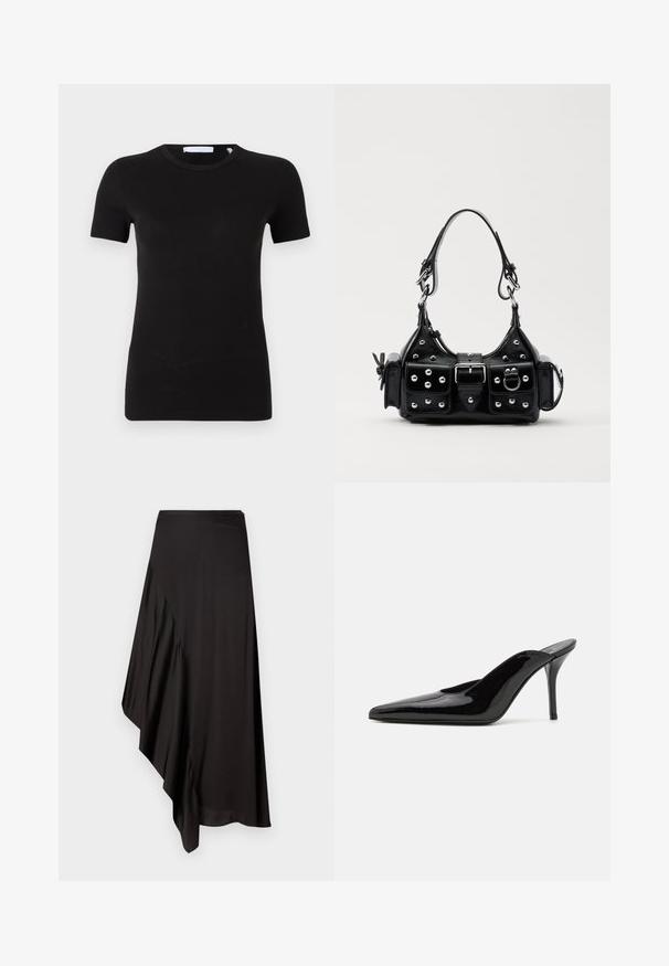 Zwarte, kortlopende t-shirt gemaakt van zacht, rekbaar materiaal. Bevat een ronde halslijn en een minimalistisch ontwerp zonder zichtbare patronen of grafische elementen.; AERON ASTER SKIRT - Kokerrok - black; Zwarte gepatineerde leren hoge hak muiltjes met een spitse neus en een slanke silhouet, met een open achterkant en een slanke stilettohak.; Zwarte lederen handtas met een gebogen ontwerp, voorzien van zilveren studs, een gesp en twee zijvakken. Verstelbare schouderband voor verschillende draagmogelijkheden.