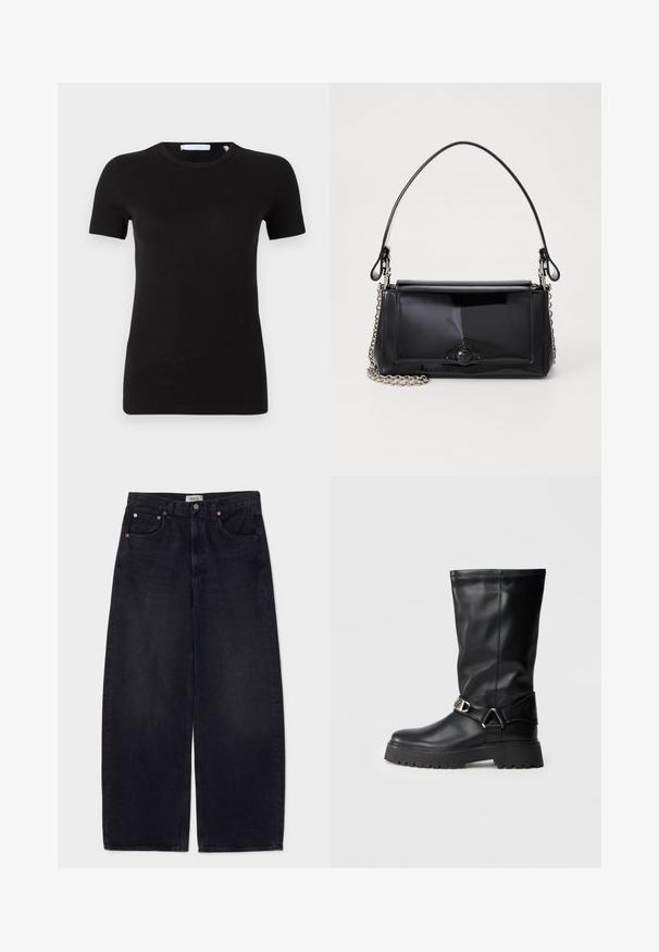 Camiseta negra de manga corta hecha de material suave y elástico. Presenta un escote redondo y un diseño minimalista sin patrones ni gráficos visibles.; Jeans de mezclilla negros de pierna ancha con botones de cobre, dos bolsillos frontales y una textura suave. Diseño limpio con corte recto.; Botas negras hasta la rodilla de cuero suave, con un acento de hebilla en el lateral y una suela gruesa y texturizada para mayor agarre.; Bolso de mano de charol negro con forma rectangular, correa de cadena y un acento de hardware distintivo en el centro. Textura suave.