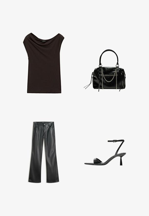Svart, lätt topp med draperad halsringning och korta ärmar. Slät textur med en enkel, odekorerad design.; Svarta fusk läder flarebyxor med en slät textur, femfickorsdesign, dragkedja fram och kontrasterande sömmar.; Bershka Sandaletter - black; Bershka WITH CHAIN - Handväska - black