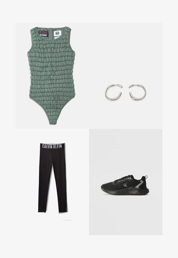 Green sleeveless bodysuit with quilted texture, featuring a high neckline and low-cut back. Made from lightweight, water-resistant material.; Black leggings with a white "CALVIN KLEIN" logo on the waistband. Smooth material, fitted design, featuring mesh accents at the ankles.; Black low-top athletic sneaker with breathable mesh, lace-up design, textured sole, and "cK" logo on the side.; Silver hoop earrings with a smooth, rounded design and a sleek, polished finish. Features a minimalistic shape with a slight opening.