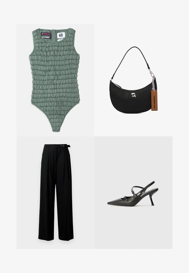 Groene mouwloze bodysuit met gewatteerde textuur, voorzien van een hoge halslijn en een laag uitgesneden rug. Gemaakt van lichtgewicht, waterbestendig materiaal.; Zwarte wijde broek met hoge taille, plooien aan de voorkant en een riem met een gesp. Gemaakt van glad, lichtgewicht stof.; Zwarte leren slingback hakken met een spitse neus, slanke hak en decoratieve gespdetails op de bovenkant. Gladde textuur en een strakke uitstraling.; Zwarte leren handtas met een steentjesstructuur, gebogen vorm, bovenste ritsluiting, zilverkleurige hardware en een bruine label. Bevat een logo-accent.