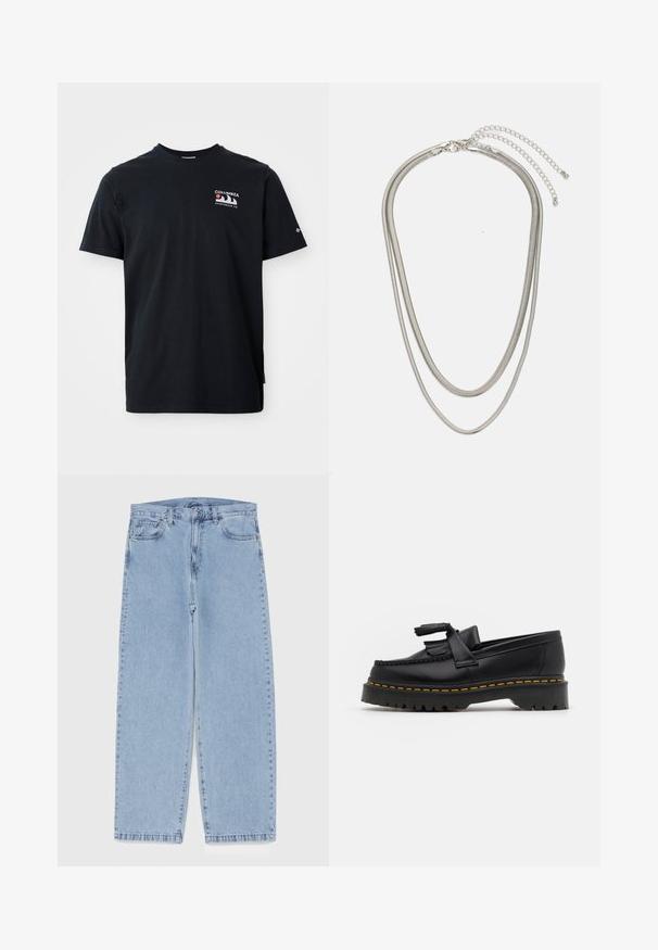 Svart bomullst-skjorte med korte ermer. Har et grafisk logo i rødt, hvitt og blått på øvre venstre bryst. Glatt tekstur, design med rund hals.; Lyseblå denimjeans med rett ben-design, med mid-rise liv, fem lommer og knap og lynlås lukning.; Svart skinn loafers med en kvastdetalj, med en tjock svart sula och gul sömnad längs kanten. Texturerad yta.; Tre-lags sølvmetallkjede med elegante, fleksible kjeder med en svak glans, sikret med en krabbe-lås og justerbar kjede.