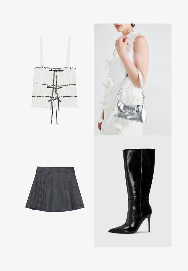 Balta bezpiedurkņu blūze ar viļņveida tekstūru un melniem lentu akcents. Iemetis audums un regulējamas spageti siksnas.; Pelēka svītraina skrejceļa svārku kleita ar pieguļošu jostasvietu, izplūdušu A formu un mīkstu auduma faktūru. Vertikālās svītras piešķir vizuālu pievilcību.; Melnas ādas zābaki līdz ceļiem ar smailu purngali un augstu stiletto papēdi. Gluda tekstūra un elegants dizains, ar minimālu dekoru.; Sudraba metāla rokassoma ar struktūru formu, aprīkota ar augšējo rokturi un priekšpusē esošu loku. Gluda tekstūra, atstarojoša virsma.