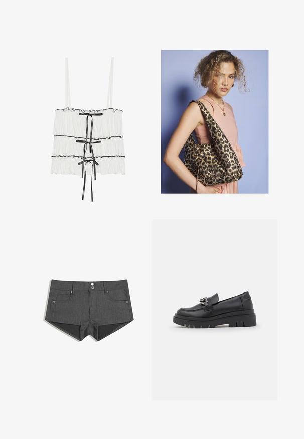 Witte mouwloze top met gerimpelde textuur en zwarte lintaccenten. Voorzien van geplooide stof en verstelbare spaghettibanden.; Grijze denim shorts met twee voorzakken, dubbele knopen aan de voorkant en een getailleerd ontwerp. De stof heeft een gladde textuur.; Zwarte loafer-stijl schoen met een chunky plateauzool, een bovenwerk van soepel leer, decoratieve kettingaccenten en een lichte hak met ingesneden detail.; Vrouw met krullend haar, gekleed in een roze mouwloze top en een gouden hartketting, met een grote schoudertas in luipaardprint.