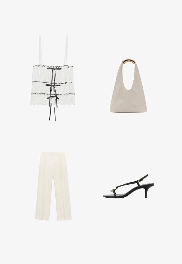 Weißes ärmelloses Oberteil mit gerüschter Textur und schwarzen Bandakzenten. Verfügt über gerafftes Material und verstellbare Spaghetti-Träger.; Weit geschnittene Hosen in einem hellen cremefarbenen Farbton. Hergestellt aus einem glatten Stoff mit Falten an der Vorderseite und seitlichen Taschen.; Schwarze Leder-Kitten-Heel-Sandale mit dünnen Riemen, goldener Schnalle und minimalistischer Zehen-Schlaufe vor einem weißen Hintergrund.; Hellgraue Lederhandtasche mit einem U-förmigen Design und einem geschwungenen, metallischen Griff. Glatte Textur mit minimalen Nähten und ohne sichtbare Muster.