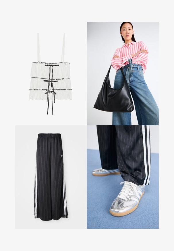 Witte mouwloze top met gerimpelde textuur en zwarte lintaccenten. Voorzien van geplooide stof en verstelbare spaghettibanden.; Zwarte wijde broek met verticale witte strepen, elastische tailleband en drie witte strepen aan de zijkant. Adidas-logo aan de voorkant.; Metalen zilveren sneakers met witte veters en drie witte strepen, gecombineerd met zwarte streepd pants. Gumaansluiting accent aan de onderkant.; Zwarte leren schoudertas met een slungelige vorm en naden. Model draagt een roze en witte gestreepte blouse met wijde blauwe jeans.