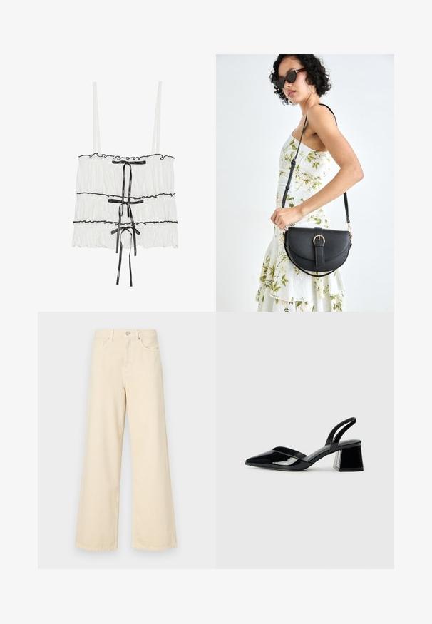 White sleeveless top with ruffled texture and black ribbon accents. Features gathered fabric and adjustable spaghetti straps.; Beige wide-leg jeans made of cotton. Features a button closure, belt loops, and front pockets with a smooth, soft texture.; Black patent leather slingback heels with a pointed toe and a geometric block heel. Features a sleek, minimal design and smooth texture.; Black leather handbag with a curved shape, detachable strap, and gold hardware. The bag features a flap with a buckle detail.