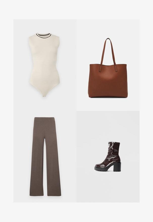 Abercrombie & Fitch LUXELOFT BARE BODYSUIT - Topper - taupe grey/black beauty; Ribbede bukser med vide ben i en mørk brun farge, med elastisk midjebånd og et mykt, teksturert stoff.; Glinsende burgunder ankelstøvel med en kraftig svart hæl, med en glatt tekstur og enkelt design. Ingen synlige lukkinger eller mønstre.; Brun lær tote veske med en jevn tekstur, åpen toppdesign og to skulderstropper. Har minimal søm og ingen synlige spiker.