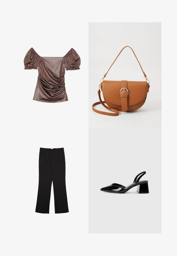 Brun satin off-shoulder top med puffærmer, rynket detaljer foran og en glat tekstur. Elastiske manchetter ved ærmeenderne.; Sorte bukser med lige pasform, der har frontlommer og slidser i kanten. Lavet af blødt, glat stof. Velegnet til forskellige anledninger.; Sorte patentlæder slingback hæle med spids tå og en geometrisk blok hæl. Har et elegant, minimalistisk design og en glat tekstur.; Brun læder crossbody taske med en buet form, guldfarvet hardware og en spændeaccent. Har en aftagelig skulderrem.