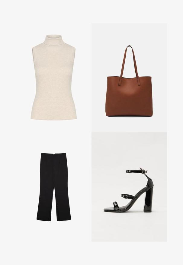 Top senza maniche in beige chiaro, realizzato in un morbido tessuto a coste. Presenta una silhouette aderente e un collo alto e strutturato.; Pantaloni neri a gamba dritta, con tasche frontali e spacchi laterali all'orlo. Realizzati in tessuto morbido e liscio. Adatti a diverse occasioni.; Sandali con tacco in vernice nera, con punta squadrata, cinturini alla caviglia e fibbie in argento. Presentano un tacco a blocco spesso per maggiore stabilità.; Borsa tote in pelle marrone con texture liscia, design con apertura superiore e due spallacci. Presenta cuciture minime e nessun hardware visibile.