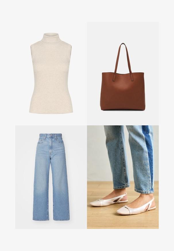 Bezplecu, augstu apkakli, gaismai bēšā krāsā, izgatavots no mīksta, ribota auduma. Izceļas ar pieguļošu siluetu un augstu, strukturētu apkakli.; Gaiši zili augstās jostas vidukļa platās bikses ar priekšējo pogu un rāvējslēdzēju, priekšējām un aizmugurējām kabatām uz baltā fona.; Bālti rozā siksniņu dzīvokļi ar smailu purngalu, izgatavoti no gludas ādas līdzīgās materiāla. Iezīmē izgriezumu detaļas sānos un platu papēdi.; Brūna ādas iepirkumu soma ar gludu tekstūru, atvērta augšdaļa un divas plecu siksnas. Izceļas ar minimālām šuvēm un redzamu aparatūru nav.