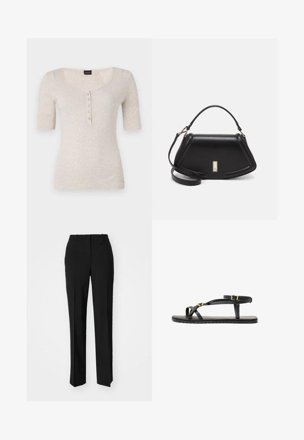 Beige kortermet topp med rund hals, en 5-knappslåing og en myk, teksturert overflate. Materialet fremstår som lett og uformelt.; Sorte skreddersydde bukser med rett silhuett, med en glatt tekstur og klare pressede bretter foran. Ingen synlig maskinvare.; Sorte lærsandaler med tynde stropper og en spænde om anklen. Flad sål med tekstureret overflade og zigzagkant. Minimalistisk design.; Sort lærveske med en strukturert design, som har en avkortet form, topphåndtak og detaljer i gull. Justerbar skulderstropp inkludert.