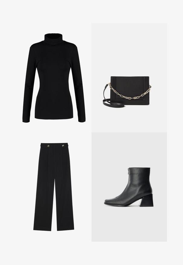 Maglione nero a maniche lunghe con collo alto, realizzato in un tessuto morbido e elasticizzato, dalla silhouette aderente. Senza fantasie né decorazioni.; Pantaloni neri a gamba larga con vita alta, dettagli con bottoni in vita e pieghe frontali.; Stivaletto in pelle nera con punta quadrata, cerniera laterale e tacco squadrato su sfondo chiaro uniforme.; Borsa a tracolla nera in pelle con una texture liscia, forma rettangolare e dettaglio in catena metallica sul davanti. Inclusa una tracolla regolabile.