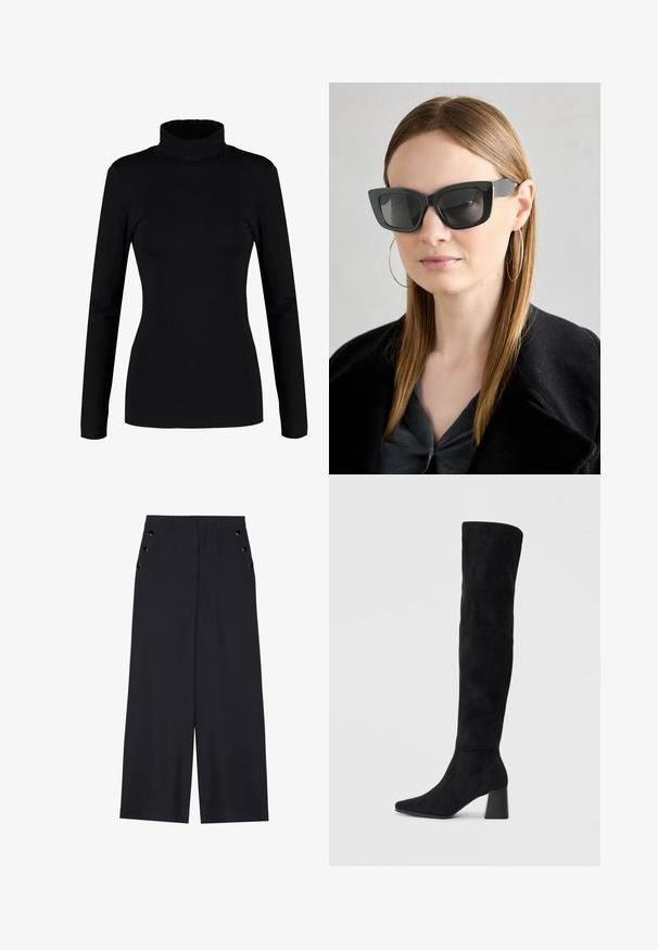 Maglione nero a maniche lunghe con collo alto, realizzato in un tessuto morbido e elasticizzato, dalla silhouette aderente. Senza fantasie né decorazioni.; Pantaloni a gamba larga in tessuto blu scuro, con una superficie liscia, pieghe frontali e occhielli decorativi in tono oro sui taschini laterali.; Stivale in suede nero alto fino al ginocchio con tacco a blocco, punta affusolata e design liscio e senza cuciture su uno sfondo chiaro e semplice.; Occhiali da sole a forma di occhio di gatto neri con lenti scure, montatura spessa e dettagli sottili. Indossati con un cappotto nero e una maglia grigia, con capelli lunghi e lisci.
